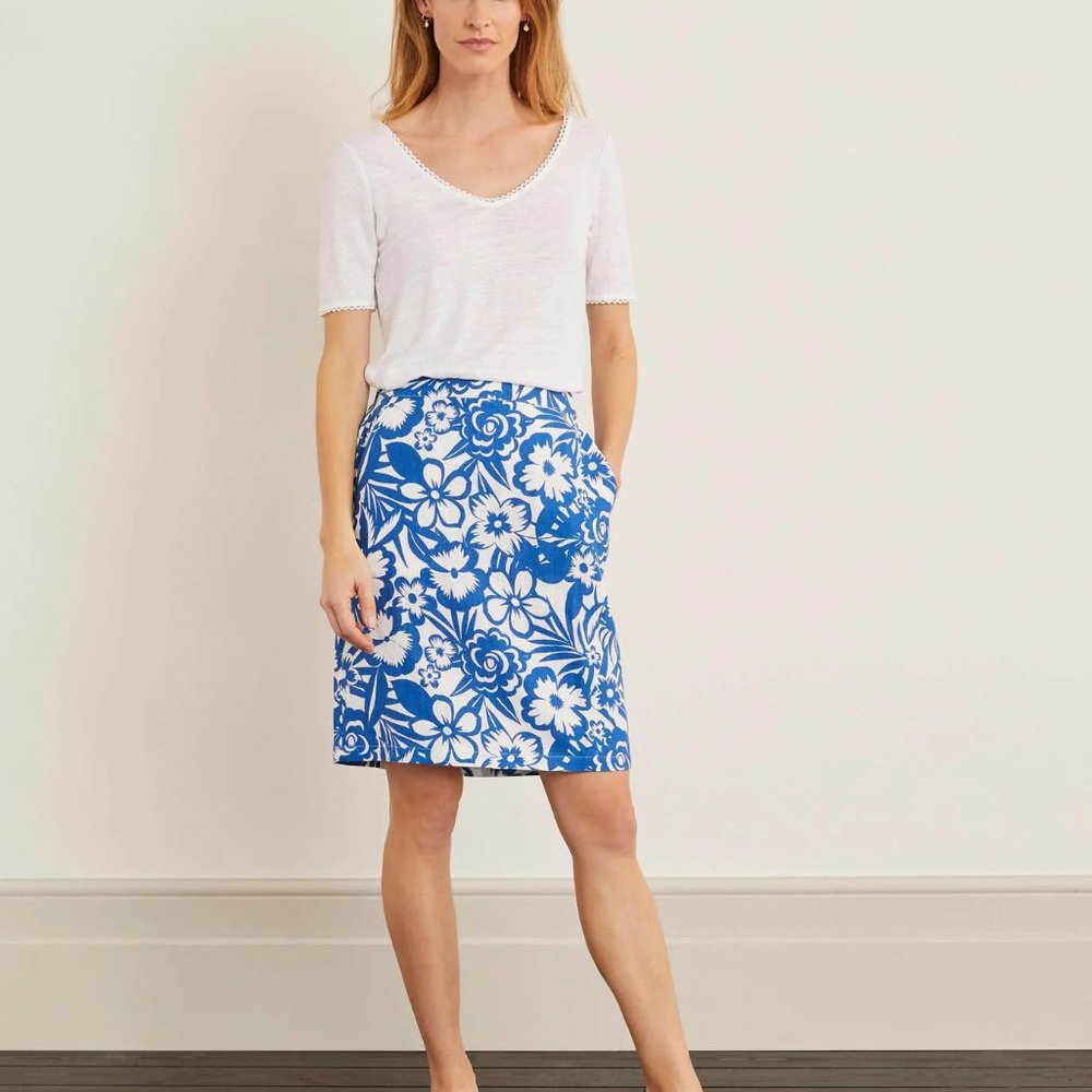 Boden Lathbury 100% Linen Pencil Skirt Floral Blue US 8 Women NWT Resort Wear